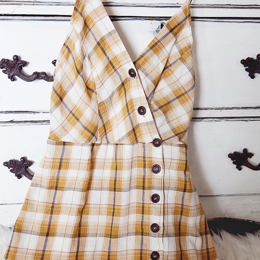 Vintage Style Mustard Plaid Midi Summer Dress - Picture 2 of 3